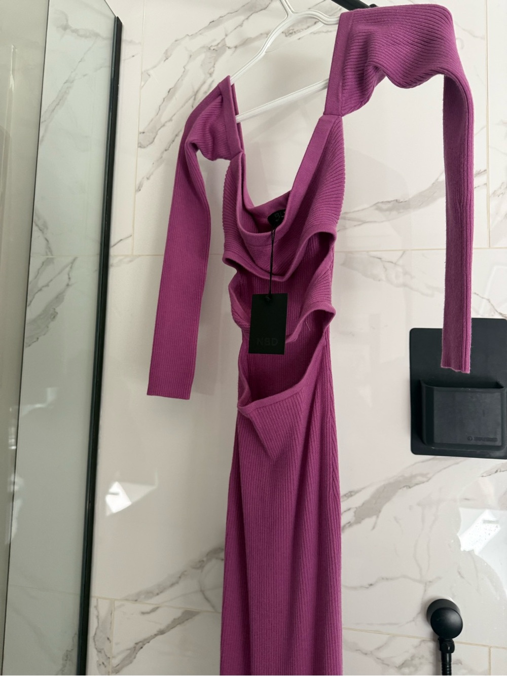 Mango Ribbed Asymmetrical Cutout Dress in Berry